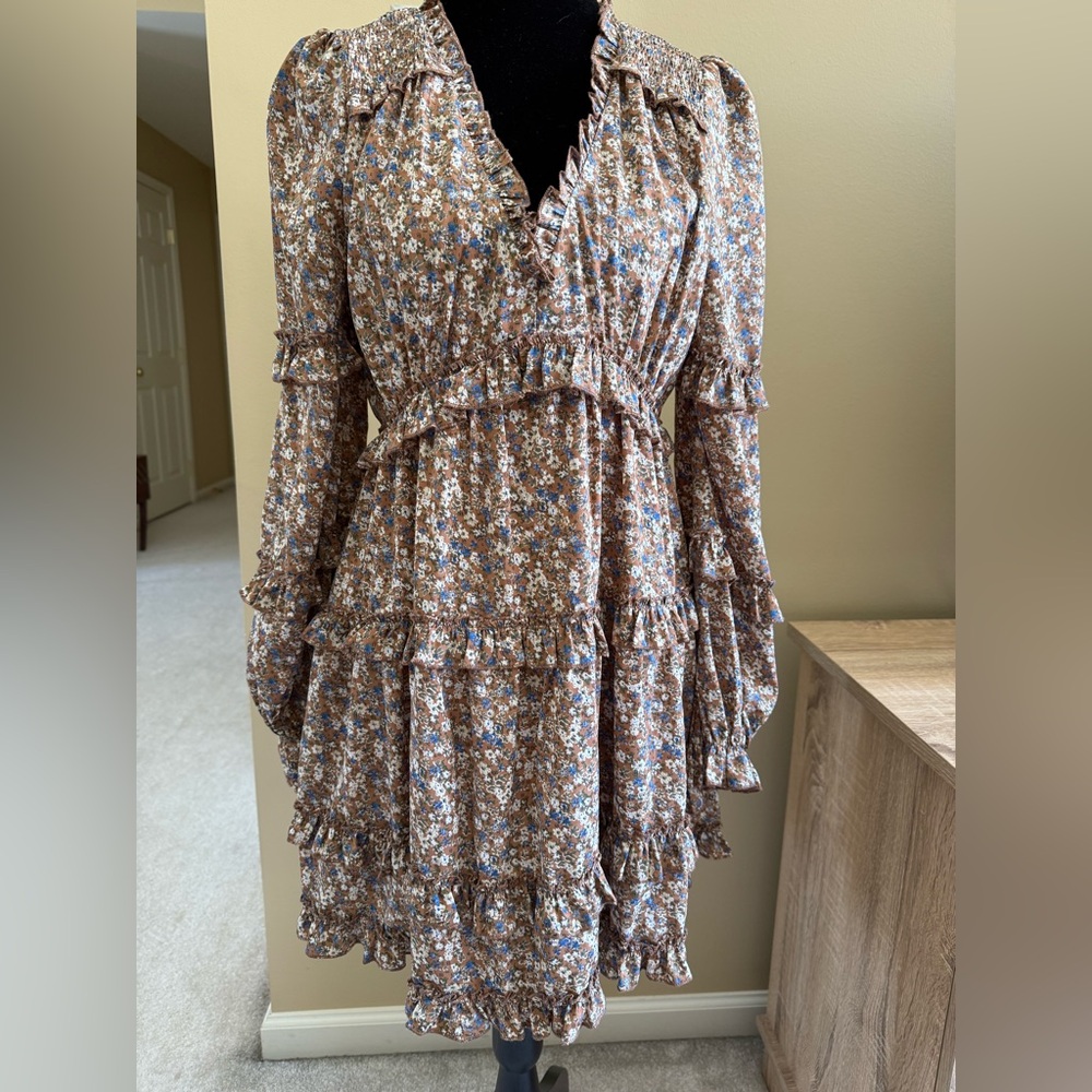 Altar'd State Floral Long Sleeve Dress - Brown and Blue